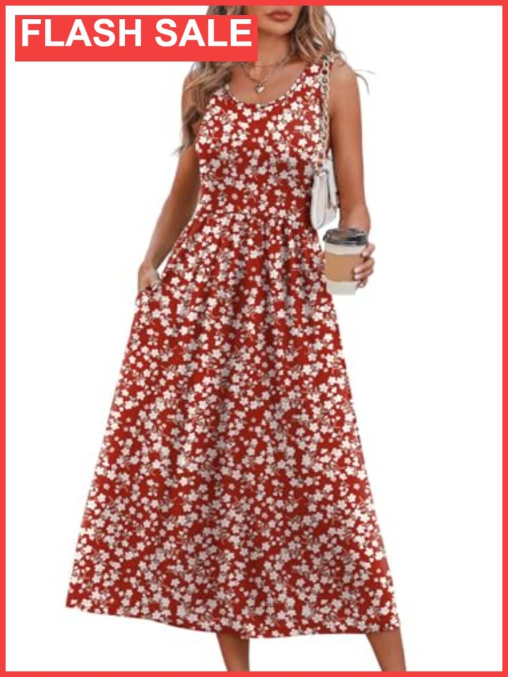 Womens Flowy Midi Dress Sleeveless Scoop Neck Casual Summer Beach Vacation